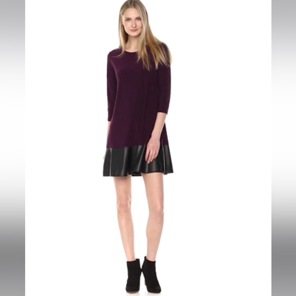 NWOT Tiana B Women's 3/4 Sleeve Knit Swing Dress with Faux Leather Hem